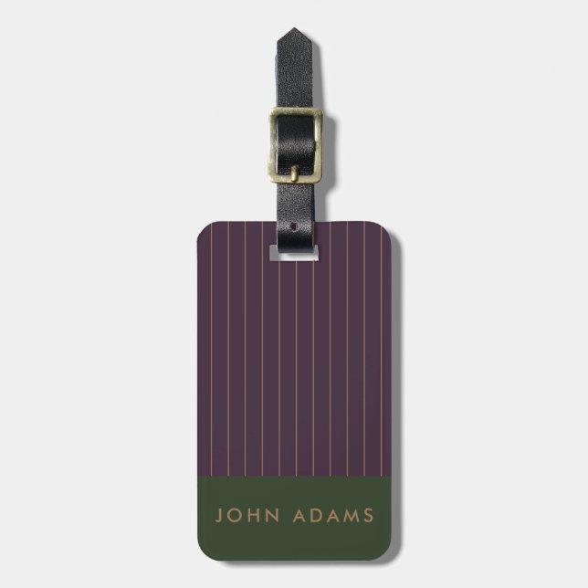 Personalisiert Khaki Lila Gold Stripe Manly Gepäckanhänger (Vorderseite vertikal)