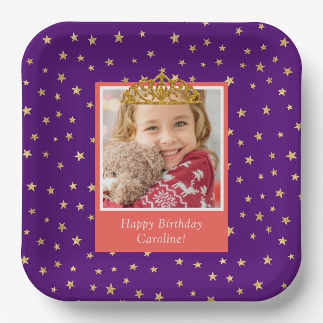 Personalisiert Kid Foto Happy Birthday Gold Crown Pappteller (Vorderseite)
