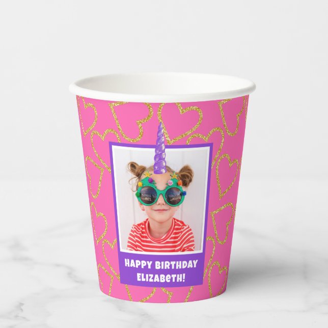 Personalisiert Kid Foto Happy Birthday Unicorn Pappbecher (Vorderseite)