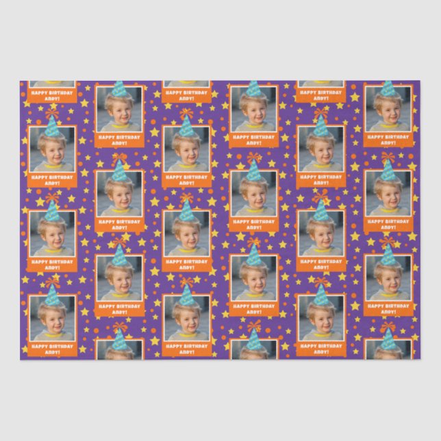 Personalisiert Kid Foto Happy Birthday w/ Blue Hat Seidenpapier (Vorderseite)