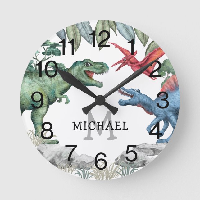 Personalisiert Kids Dinosauriername Runde Wanduhr (Vorderseite)