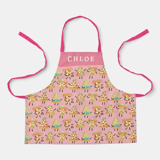 Personalisiert Kids Niedlich Pink Pizza Print Schü Schürze (Vorderseite)