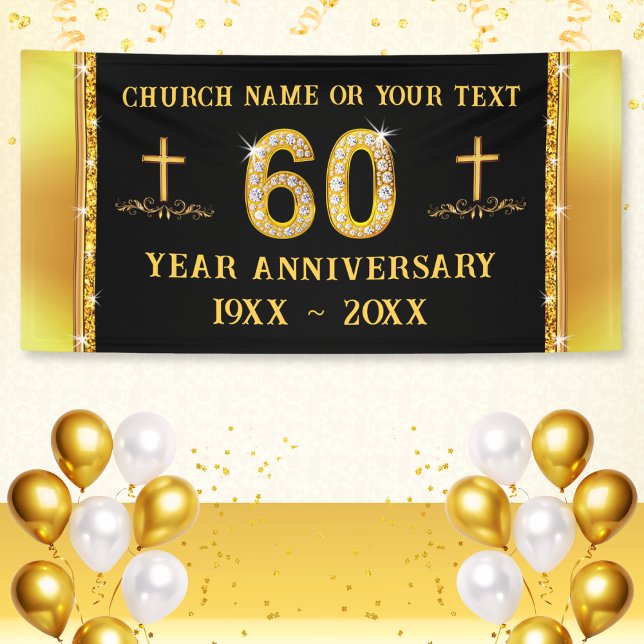 Personalisiert, Kirchenfeier, 60. Banner (60th church anniversary, banner. Decorations for 60th anniversary. Black and Gold Banner for 60 year)