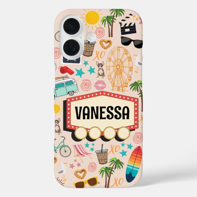 Personalisiert L.A. Vibes Doodle iPhone 16 Hülle (Rückseite)