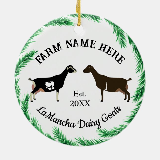 Personalisiert LaMancha Dairy Goat Pine Wreath Keramik Ornament (Hinten)