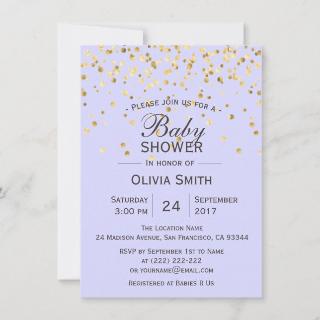 Personalisiert Lavender Gold Baby Dusche lädt ein Einladung (Vorderseite)