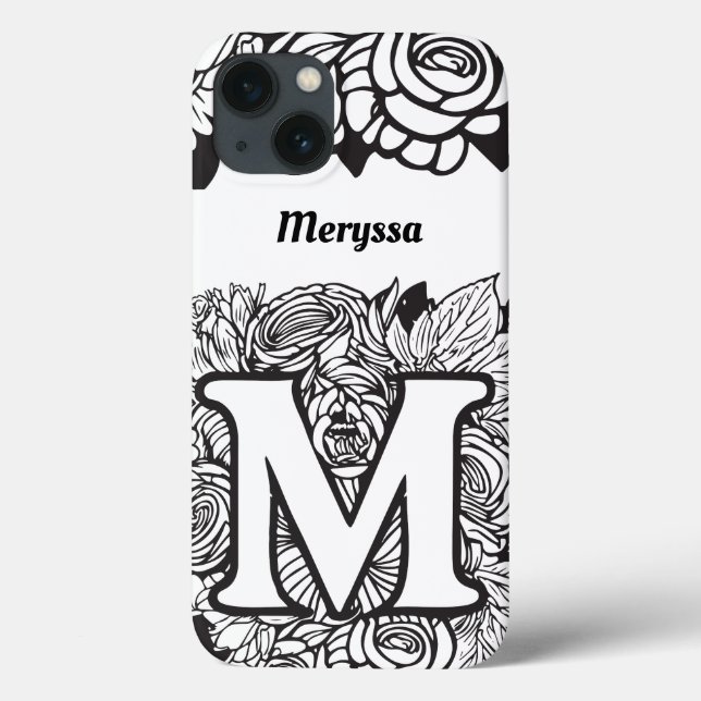 Personalisiert Letter M Schwarz-weiß Tattoo-Blume Case-Mate iPhone Hülle (Rückseite)