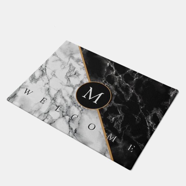 Personalisiert Letter Schwarz-weiß Marble Doormat Fußmatte (Schrägansicht)