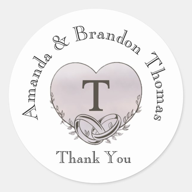 Personalisiert Letter T Heart Wedding Vielen Dank Runder Aufkleber (Vorderseite)