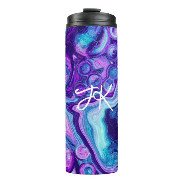Personalisiert Lila, blau, rosa Marmor Bokeh Thermosbecher (Vorderseite)