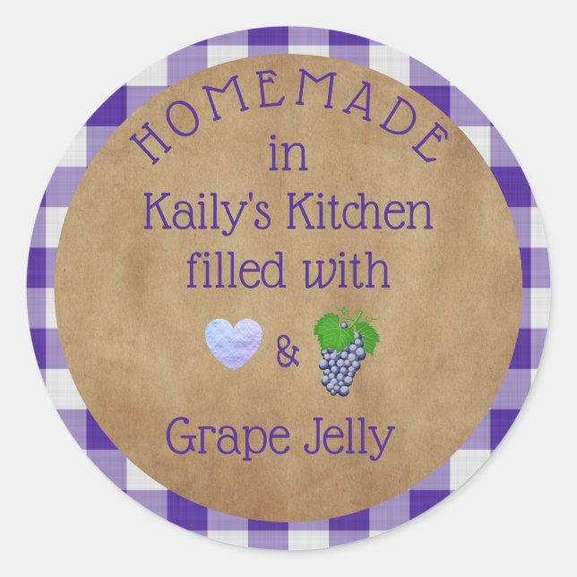 Personalisiert Lila Traube Jelly Jam Gingham Runder Aufkleber (Vorderseite)