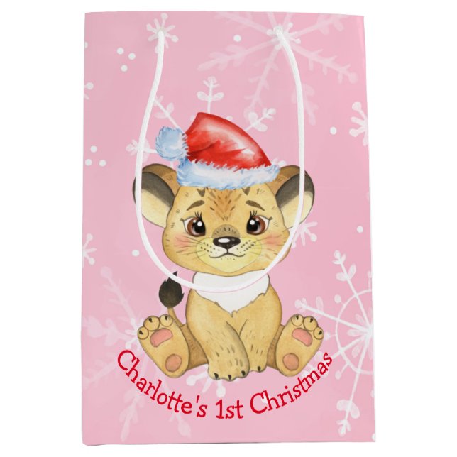 Personalisiert Lion 1. Weihnachtsmädchen Pink Mittlere Geschenktüte (Vorderseite)