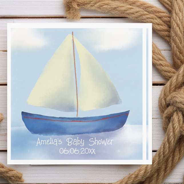 Personalisiert Little Blue Sailboat Baby Dusche Serviette (Ship Ahoy- It's a boy! Whimsical blue sailboat baby shower paper napkins.)