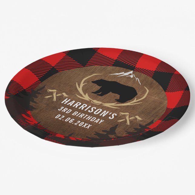 Personalisiert Lumberjack Geburtstag Pappteller (Schrägansicht)