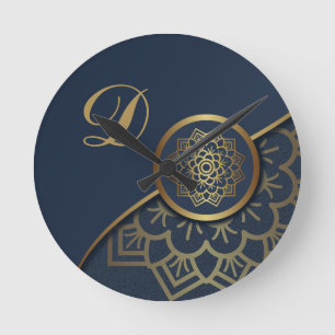 Personalisiert Luxury Gold Mandala Art Blue Runde Wanduhr