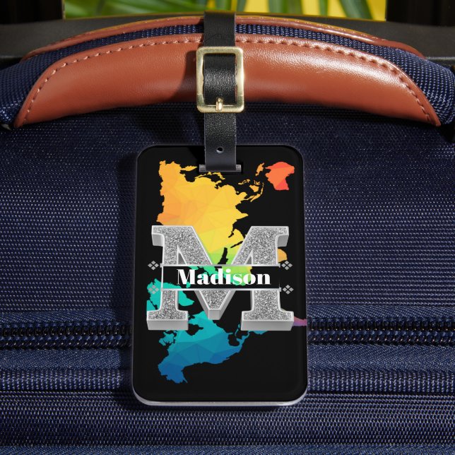 Personalisiert m Erste Silver Monogramm Ihr Name Gepäckanhänger (Vorderseite Insitu 2)