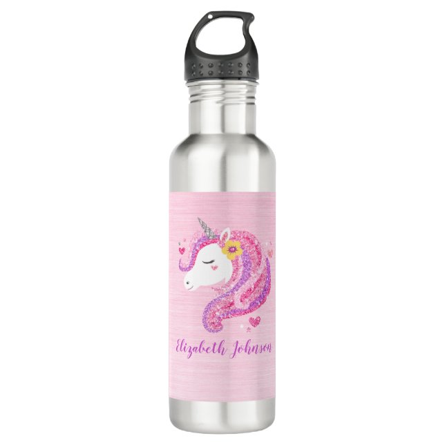 Personalisiert Magisch rosa Glitzer Einhorngesicht Edelstahlflasche (Vorderseite)