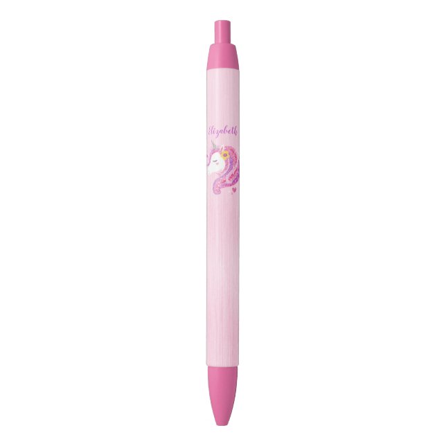 Personalisiert Magisch rosa Glitzer Einhorngesicht Kugelschreiber (Vorderseite Vertikal)