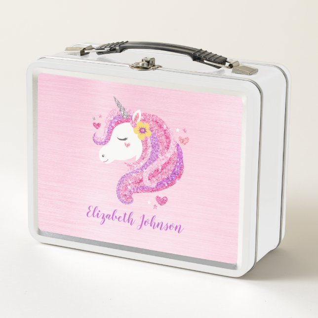 Personalisiert Magisch rosa Glitzer Einhorngesicht Metall Brotdose (Vorderseite)