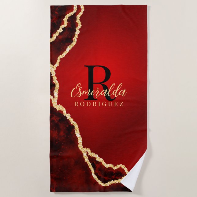 Personalisiert Maroon Red Black Stylish Agate Strandtuch (Vorderseite)