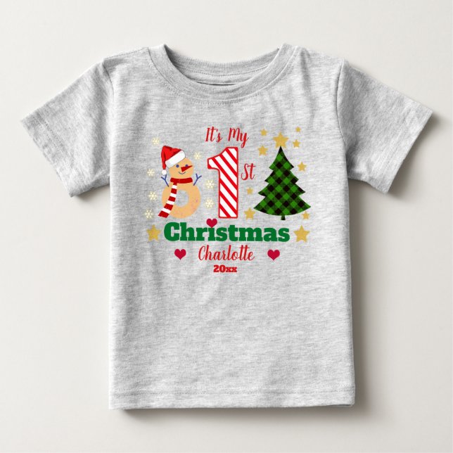 Personalisiert Mein 1. Weihnachtsschneemann Candy  Baby T-shirt (Vorderseite)