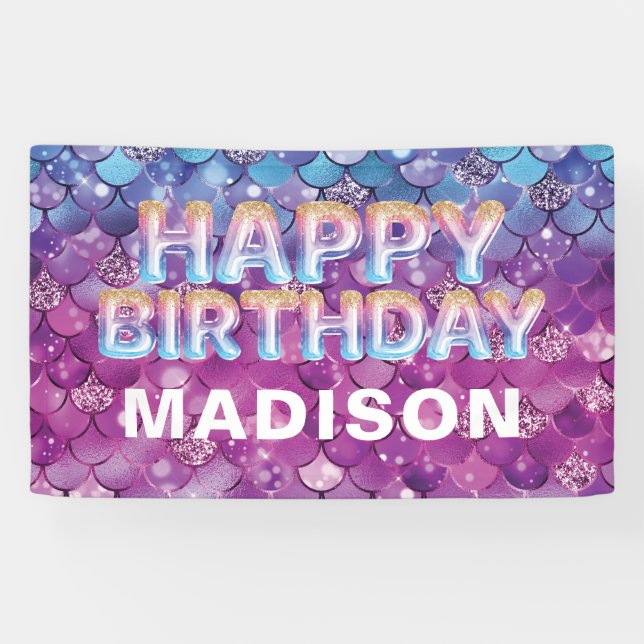 Personalisiert Mermaid Birthday Pink Blue Glitzer Banner (Horizontal)