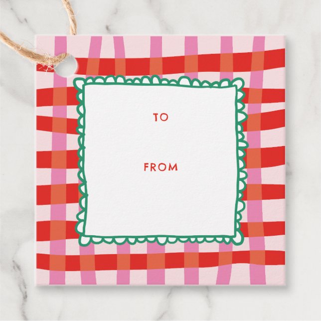 Personalisiert Merry and Bright Red Checkered Geschenkanhänger (Vorderseite)