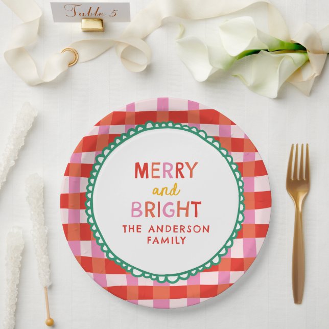 Personalisiert Merry and Bright Red Checkered Pappteller (Hochzeit)