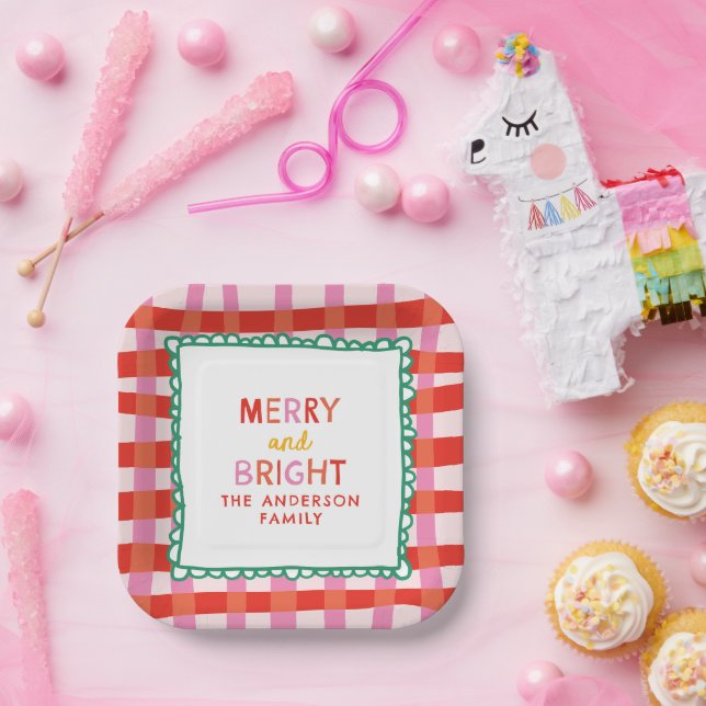 Personalisiert Merry and Bright Red Checkered Pappteller (Party)