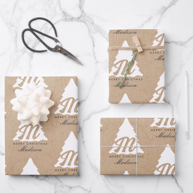 Personalisiert Merry Christmas Kraft Monogram Tree Geschenkpapier Set (Vorderseite)