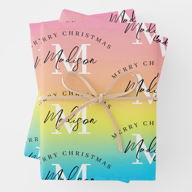 Personalisiert Merry Christmas Rainbow Monogram Geschenkpapier Set (Beispiel)