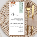 Personalisiert mit Gastname, Green Earthy Blooms Menükarte<br><div class="desc">Warum in Platzkarten und Menükarten verbringen, wenn Sie ein elegantes All-in-One-Menü personalisiert mit jedem Gast-Namen haben können! Modernes, einfaches und elegantes Design mit schöner moderner Handschrift. Stripe oben rechts in schlauer grüner Farbe mit Gästebame in schwarz. Zurück in der gleichen Weise grün wie Streifen. Möglichkeit, die Streifen Farbe oder Rückseite...</div>
