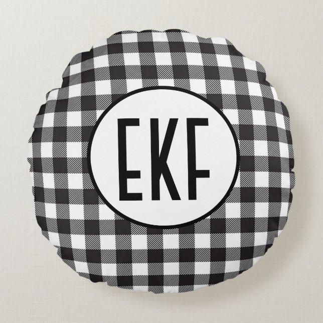 Personalisiert Mit Monogramm Schwarz/Weiß Kariert Rundes Kissen (Vorderseite)