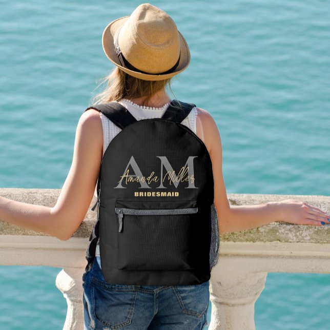 Personalisiert mit Name Black Gold Modern Monogram Bedruckter Rucksack (Von Creator hochgeladen)