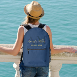Personalisiert mit Name Blue Gold Modern Monogram Bedruckter Rucksack