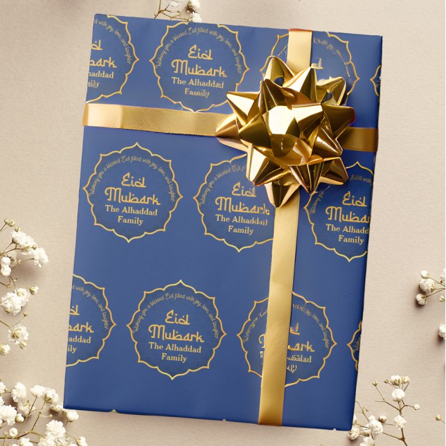 Personalisiert mit Name Blue und Gold Eid Mubarak Geschenkpapier (Von Creator hochgeladen)