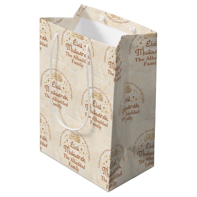 Personalisiert mit Name Cream Eid Mubarak Mittlere Geschenktüte (Rückseite Schrägansicht)