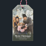 Personalisiert mit Name Custom Foto Christmas Geschenkanhänger<br><div class="desc">Fügen Sie Weihnachtsgeschenke mit diesen personalisierten Foto Geschenketiketten eine besondere Touch hinzu. Sie sind bereit,  mit Ihrem eigenen Foto in vertikaler oder portraitorientierter Ausrichtung mit Ihrem Gruß,  mit Namen oder anderem Text unten in weißer Schrift vor einem dunkelolivgrünem Hintergrund,  angepasst zu werden.</div>