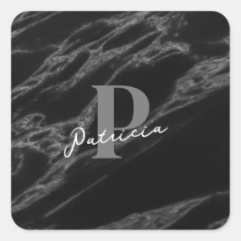 Personalisiert mit Name Initial Marble Black Quadratischer Aufkleber