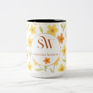 Personalisiert mit Orangen- und Gelbblumen _ Zweifarbige Tasse