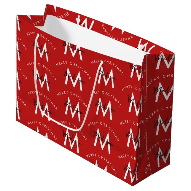 Personalisiert Modern Frohe Weihnachts-Rote Monogr Große Geschenktüte (Vorderseite Schrägansicht)