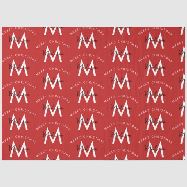 Personalisiert Modern Frohe Weihnachts-Rote Monogr Seidenpapier (Vorderseite)