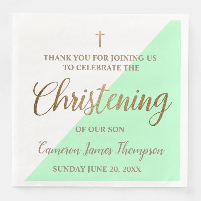 Personalisiert Modernes goldgrünes Boy Christening Serviette (Vorderseite)