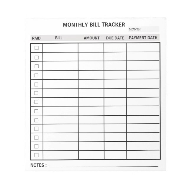 Personalisiert monatlicher Bill Tracker Notizblock (Vorderseite)