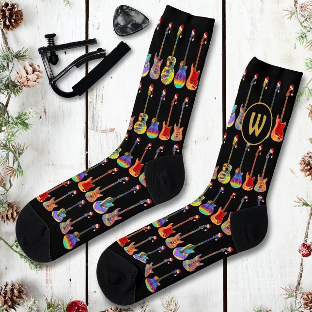 Personalisiert Monogram Cool Guitar Weihnachten Socken (Personalized christmas guitar player monogram initial cool teenage band guitarists xmas socks)