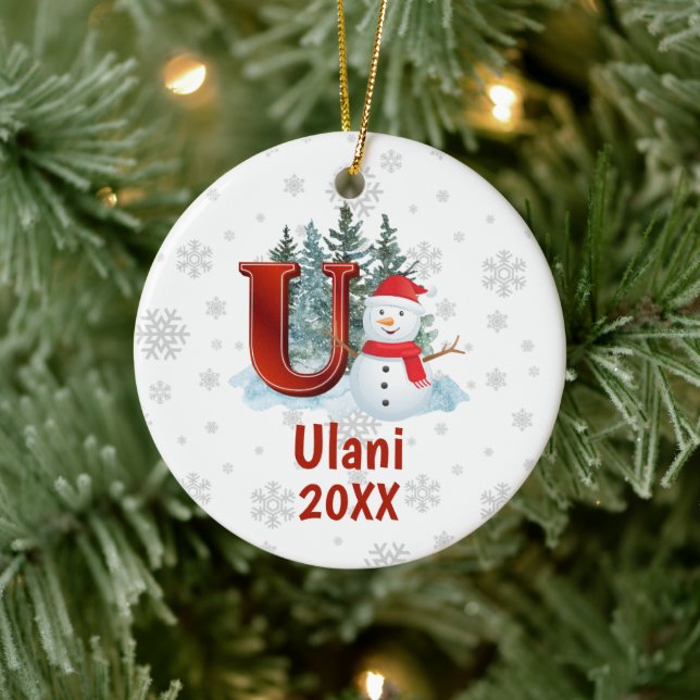 Personalisiert Monogram Letter U Snowman Weihnacht Keramik Ornament (Baum)