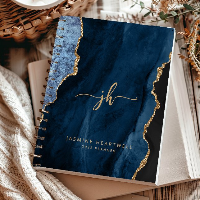 Personalisiert Monogram Navy Blue Gold Agate 2025 Planer (Von Creator hochgeladen)