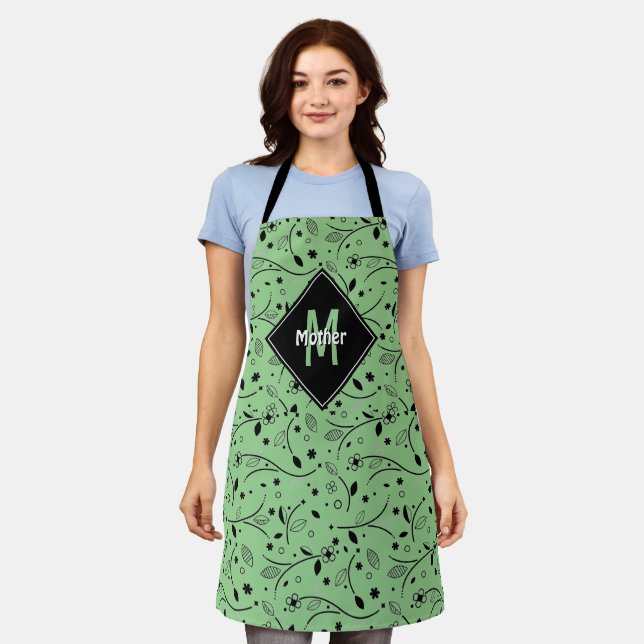 Personalisiert | Monogramm | Grün | Floral | MUTTE Schürze (Getragen)