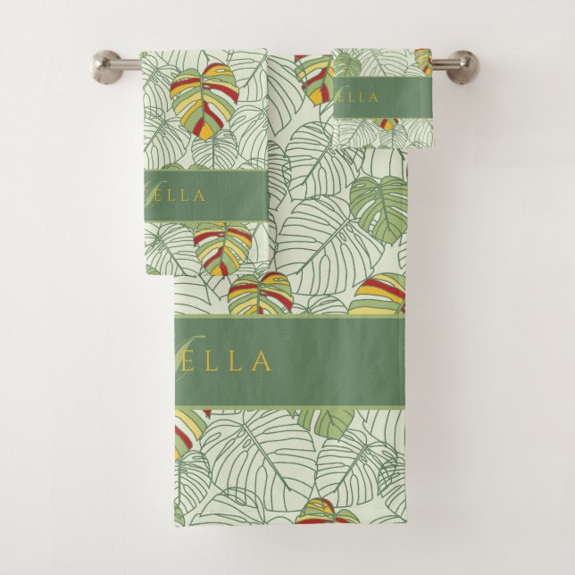 Personalisiert Monstera Blätter Jungle Handtuch Se Badhandtuch Set (Insitu)