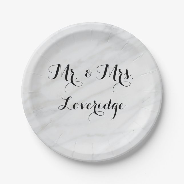 Personalisiert & Mrs. White Gray Gray Marble Pappteller (Vorderseite)